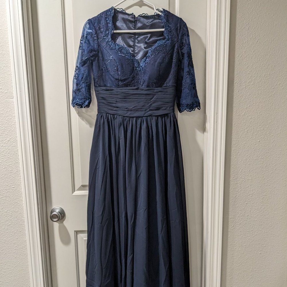 Modest One of a Kind Navy Lace Prom Dress - NEW